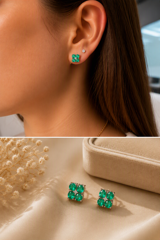 Arete de Oro con Esmeraldas y Diseño de Trébol | Joyería Fina